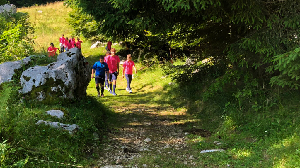 Gruppo di ragazzi che effettua una camminata nella natura indossando indumenti del kit ADCamp.